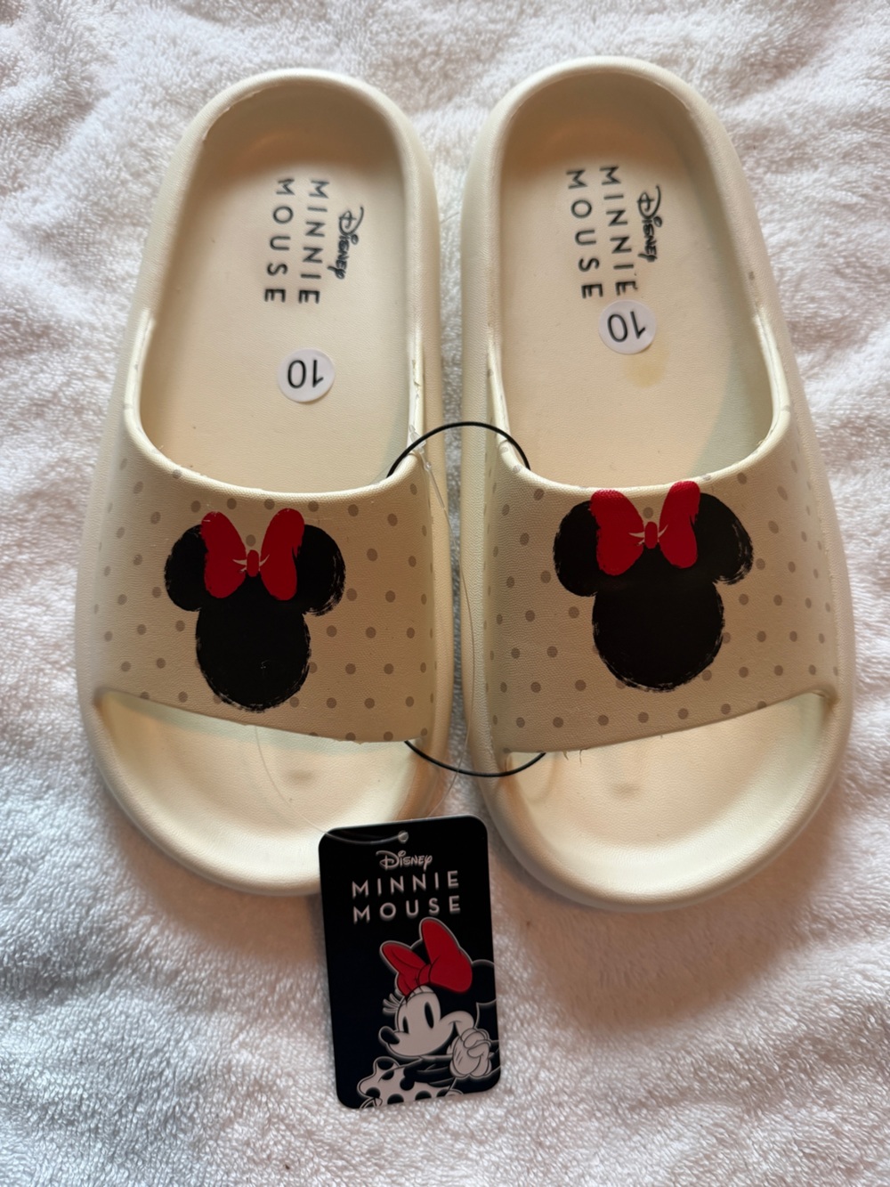 Disney Minnie Mouse Beige Slide Sandals with Red Bow